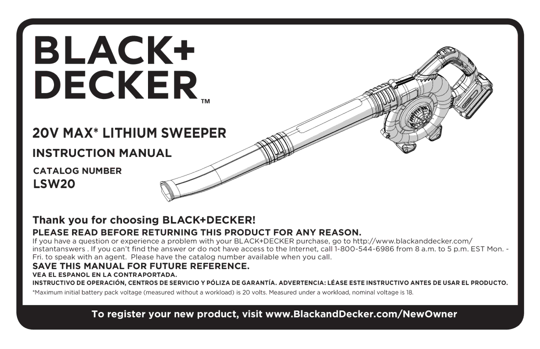 Black & Decker LSW20R, LSW20B instruction manual 20V MAX* LITHIUM sweeper 